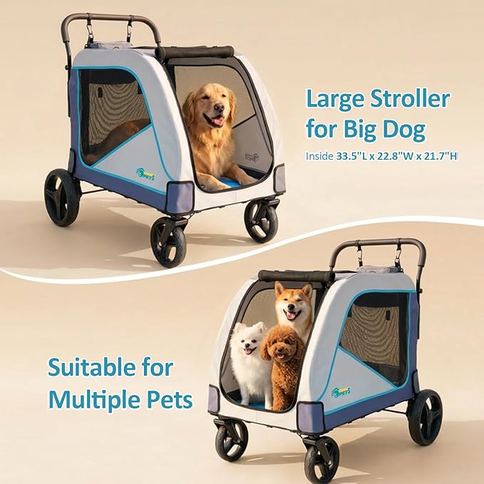 Ownpets Extra Large Dog Stroller for Large Breeds, 154 lbs Capacity, Black | Low 12" entry, one-click fold, all-terrain rubber wheels, spacious 38"x28" cabin, waterproof, safety tether