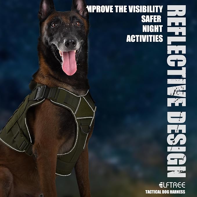 Tactical Dog Harness, Military Reflective Dog Harness | 2X Metal Buckle，Hidden Airtag Holder and Handle, Adjustable No-Pull Service Dog Vest with Molle & Loop Panels