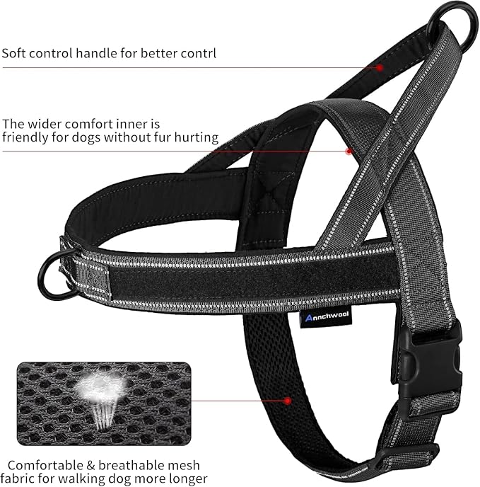 Annchwool No Pull Dog Harness with Padded Handle+5 Ft Leash,Reflective Strip Escape Proof and Quick Fit to Adjust Dog Harness,Easy for Training Walking for Small & Medium and Large Dogs(Black-Set,XL)
