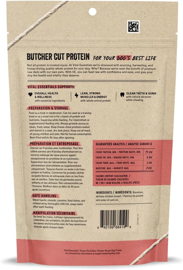 Vital Essentials Chicken Breast Dog Treats, 3.75 oz | Freeze-Dried Raw | Single Ingredient | Premium Quality High Protein Training Treats | Grain Free, Gluten Free, Filler Free