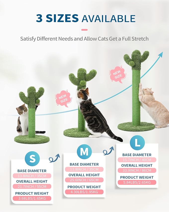 Made4Pets Cactus Cat Scratching Post for Small Indoor Cats & Kittens, 21.7" | Natural Sisal Rope Cat Scratcher with Stable Base and Plush Ball for Kittens to Scratch, Play and Develop Healthy Habits