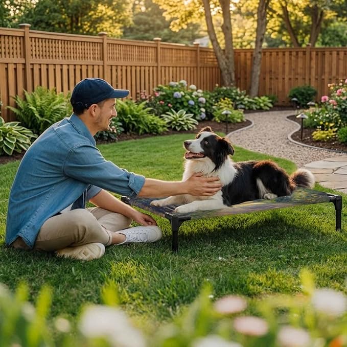 Outdoor Elevated Dog Bed for Medium Dogs, Farmhouse Forest Breathable Cooling Raised Dog Cot for Indoor/Outdoor, Pastoral Country Sun Light Trees Waterproof Elevated Pet Beds, M 24 x 20 in