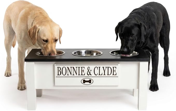 3 Bowl Dog Feeding Station, Personalized Triple Bowl Food Stand Large Dogs | Farmhouse Style, Elevated Wood Stand, Storage Container, Stainless Steel Bowls, Raised Feeder, Large Breed, Made in USA