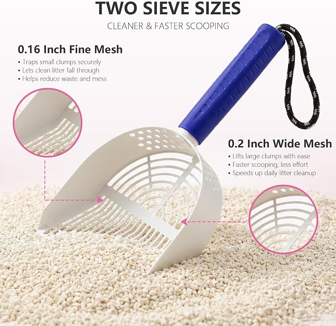 Cat Litter Scoop with Holder, 3 in 1 Metal Kitty Scooper | Heavy Duty Deep Litter Sifter with Dustpan & Mini Broom, Dual Coarse & Fine Grid, Quick Sift, Universal for All Cat Litter