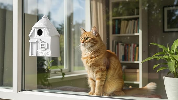 Water Proof Window Bird House for Outside, Composite Material Window View Birdhouse, Wren House for Viewing Inside, Wall Moutable, 10 Years Performance, Morden Style, White Color, 1.25" Hole