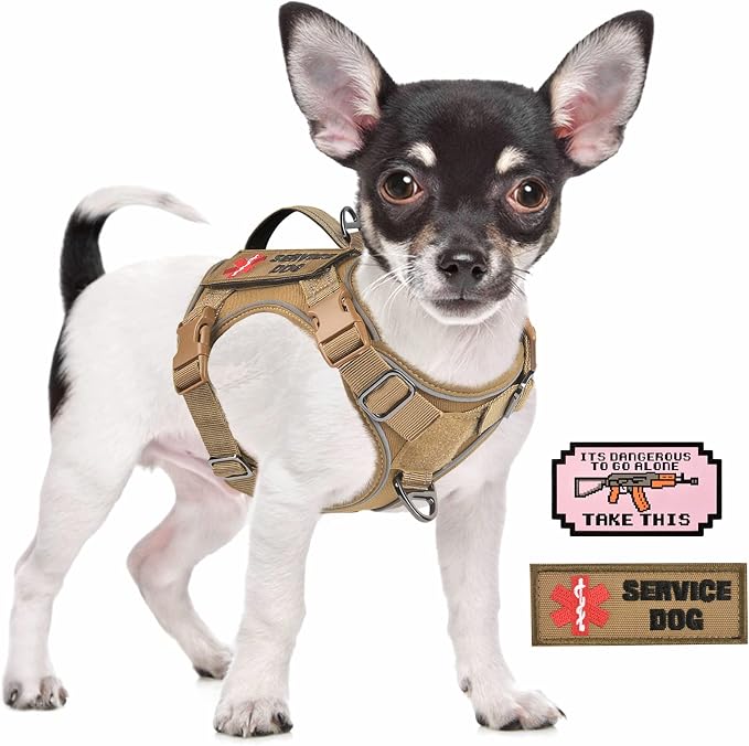 Tactical Dog Harness for Small Dogs, Adjustable No Pull Military Vest with Padded Vertical Handle, Reflective MOLLE Panels and 2 Patches, Khaki, XS