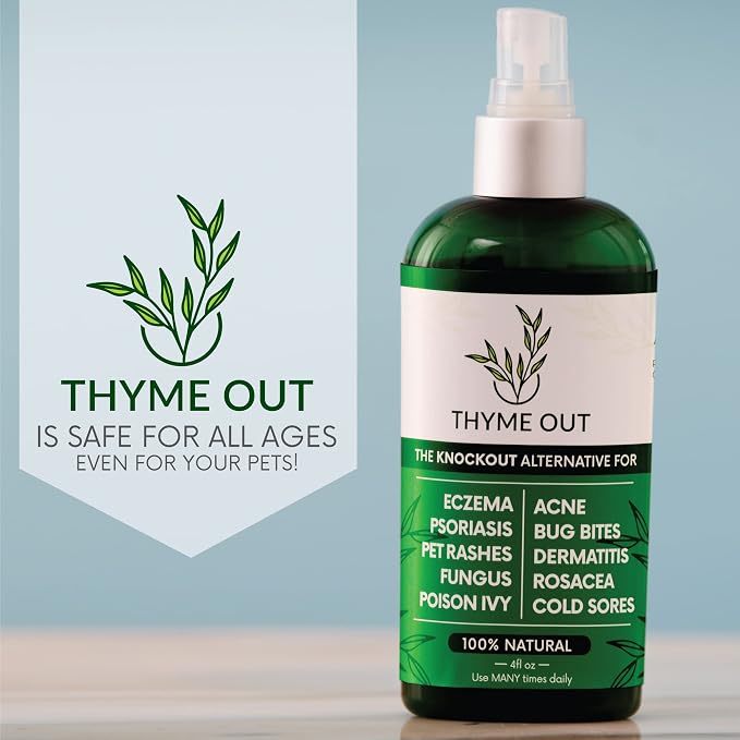 Thyme Out All Natural Eczema Treatment- Psoriasis Treatment - an All-in-One Solution for Acne, Dermatitis, Rosacea, Cold Sores, Bites, Poison Ivy - Anti-Itch Spray for Itchy Skin Relief 4oz