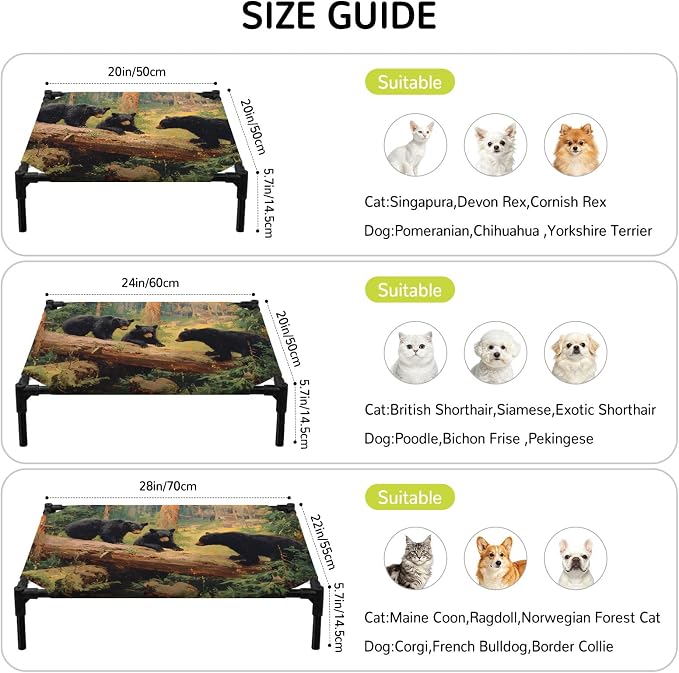 Outdoor Elevated Dog Bed for Medium Dogs, Forest Bears Breathable Cooling Raised Dog Cot for Indoor/Outdoor, Nature Country Wild Animals Trees Branch Waterproof Elevated Pet Beds, M 24 x 20 in