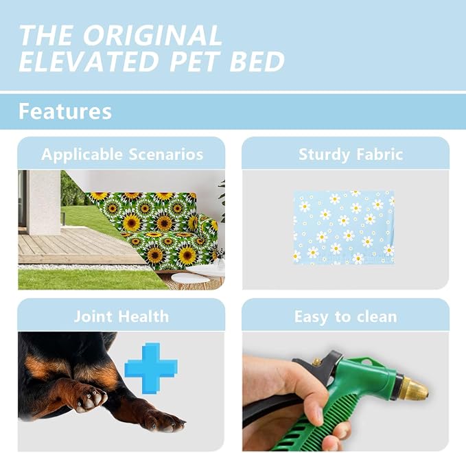 Blue Daisy Pattern Orthopedic Elevated Dog Pet Bed(47"X31"X9"),with Metal Frame,Printing Breathable Waterproof Dog Kennel,Sleeping Bed Set for Small Medium Large Dogs Cats,for Home,Outdoor Use