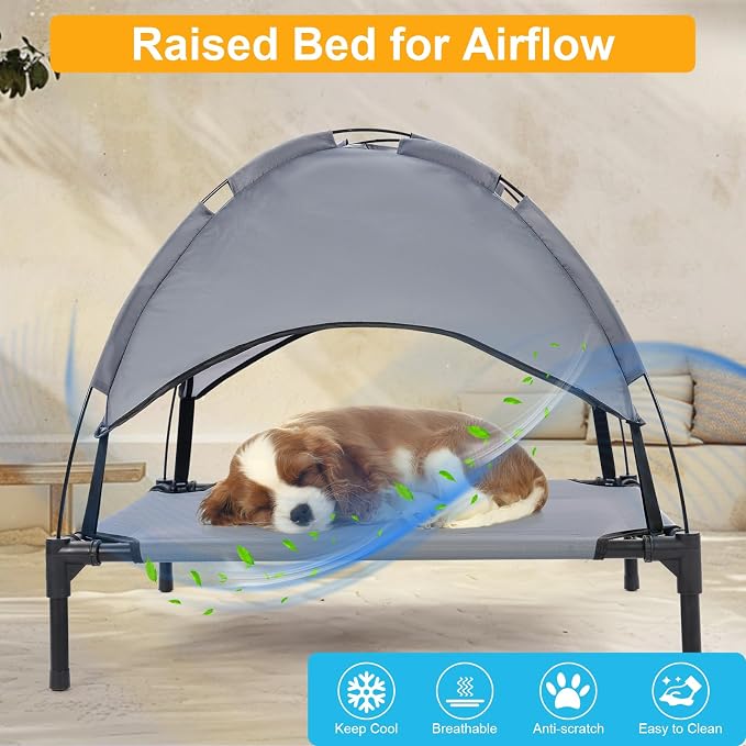 30'' Elevated Outdoor Dog Bed with Canopy, Cooling Raised Dog Bed, Pet Beds | Outdoor Dog Bed with Canopy Medium Large Size Dogs with Ice Pack, Dog Cooling Beds, Outdoor Pet Hammock Beds, Outside Pet Bed