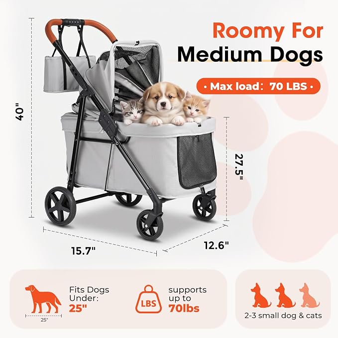Dog Stroller for 2 Small Dogs or 1 Medium Pet, Low-Entry Design with Anti-Jump-Out, 600D Oxford Fabric, Up to 70 lbs,Grey
