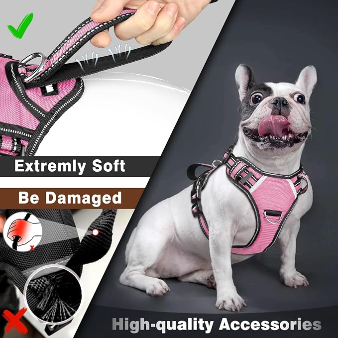 Large Pink Service Dog Harness with 7 Patches, No Pull Reflective Dog Vest for Training, Mesh Soft Padded Handle, Adjustable Fit for Dogs 50-80 lbs.