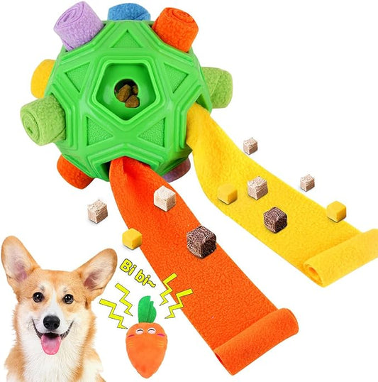 Dog Snuffle Ball-Interactive Puzzle Dog Toys Encourage Natural Foraging Skills Slow Feeder for Training and Stress Relief, Cloth Strip Hiding Food Dog Toys with Squeaky Carrot Toy for Any Size