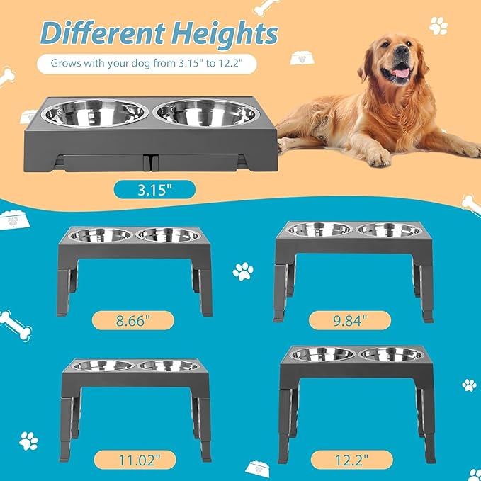Elevated Dog Bowls with 2 Stainless Steel Dog Food Bowls, Raised Dog Bowl Adjusts to 5 Heights (3.15", 8.66", 9.84",11.02", 12.2") for Small Medium and Large Dogs