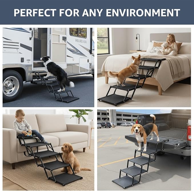 Oiilores Foldable Dog Stairs for Large Dogs - Extra Wide Pet Ramp for Cars, SUV, Truck & High Beds, Non-Slip Surface, Supports Up to 250 Lbs, 6 Steps