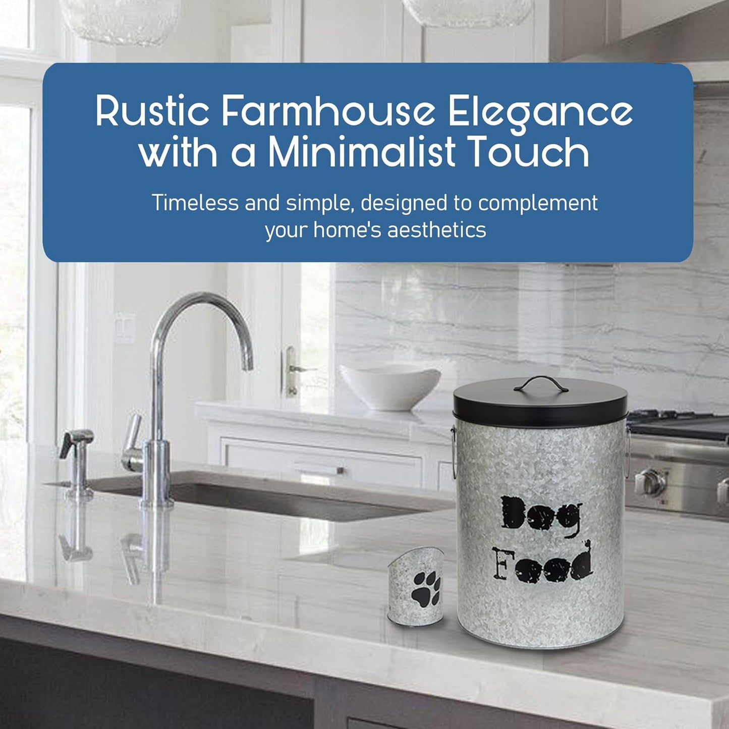 Small Dog 20lb Pet Food Storage Canister Dog Bin with Scoop – Durable & Airtight for Freshnesss, Minimalist Design & Recyclable, Small Metal Container for Kitchen Countertop