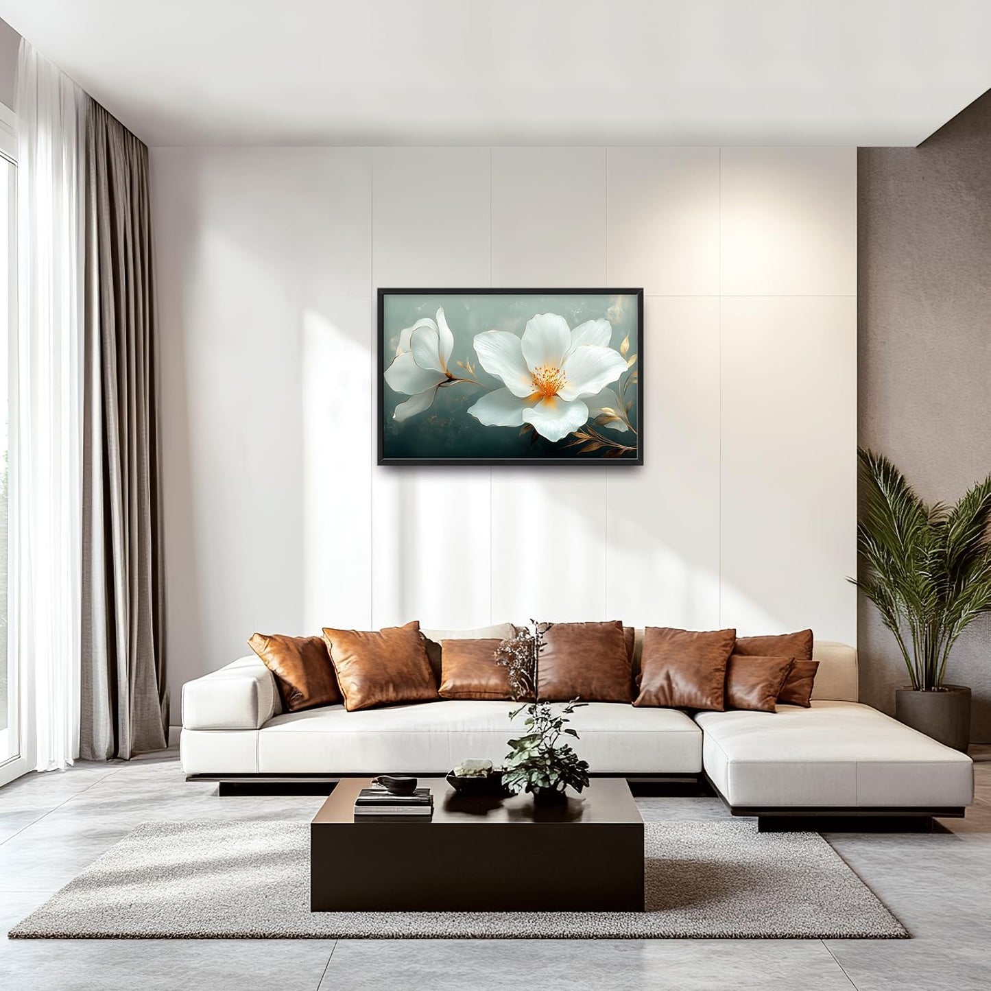 Large White Floral Wall Art for Living Room, Flower Canvas Oversized Wall Decor, Aesthetics Framed Pictures Painting Print Artwork for Bedroom Office 36L" x 24W"