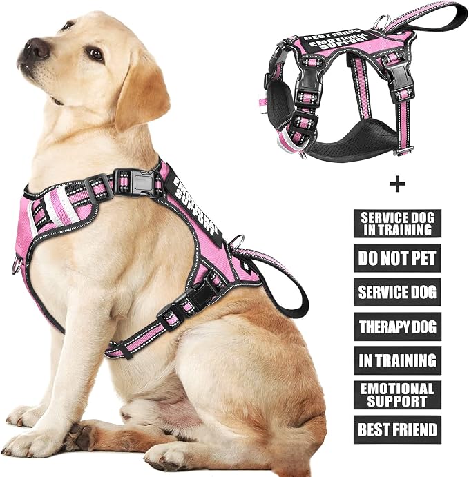 Large Pink Service Dog Harness with 7 Patches, No Pull Reflective Dog Vest for Training, Mesh Soft Padded Handle, Adjustable Fit for Dogs 50-80 lbs.