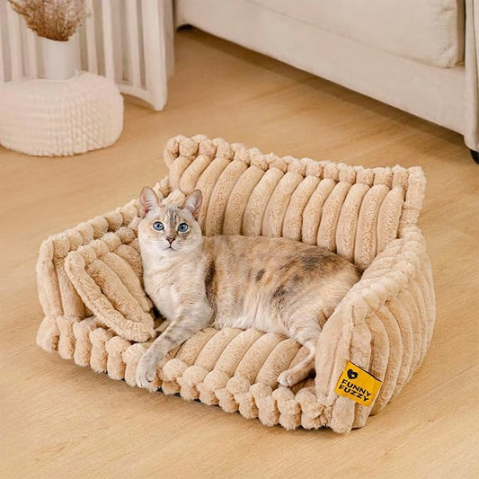 FUNNY FUZZY Cat Bed, Fluffy Orthopedic Supportive Pet Sofa with Pillow | Cat Beds for Indoor Cats, Cozy Corduroy Flannel, Small Dogs, Removable Cover, Non-slip, Snoozy Dream 23.6"×17.7" Up to 15 Lbs
