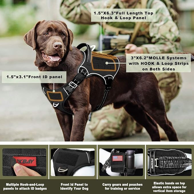 Tactical Dog Harness Large,Military Service Weighted Dog Vest Harness Working Dog MOLLE Vest with Loop Panels,No-Pull Training Harness with Leash Clips for Walking Hiking Hunting(Black,L)