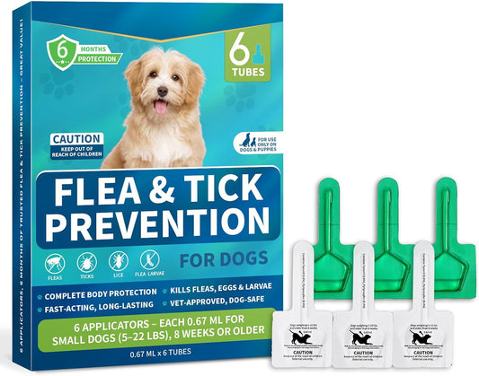 Flea and Tick Prevention for Small Dogs, 6-Month Supply Dog Flea and Tick Treatment Drops, Topical Fast-Acting Dog Flea Treatment for Small Dogs Up to 5 to 22 lbs