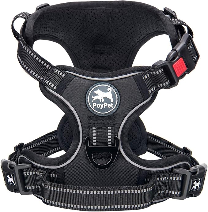 PoyPet No Pull Dog Harness Large with Front Clip & Neck Release Buckle | No Choke, Adjustable Vest, Reflective, Back Clip, Lockable, Soft Padded, Easy Control Handle for Walking Training, L, Black
