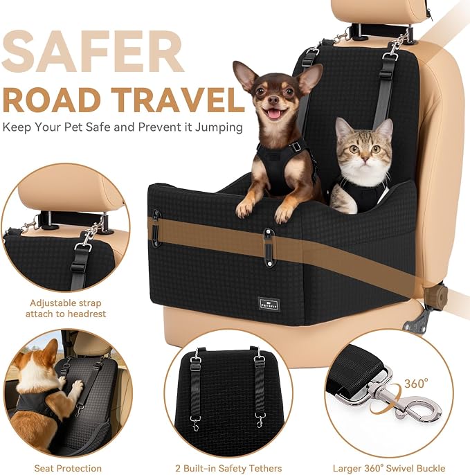 PETSFIT Dog Car Seat with Patented Safety System, 5" Elevated Cushion | Fully Detachable Washable Cover, Memory Foam Dog Booster Car Seat for Small/Medium Dogs Up to 35 Lbs with Safety Belt