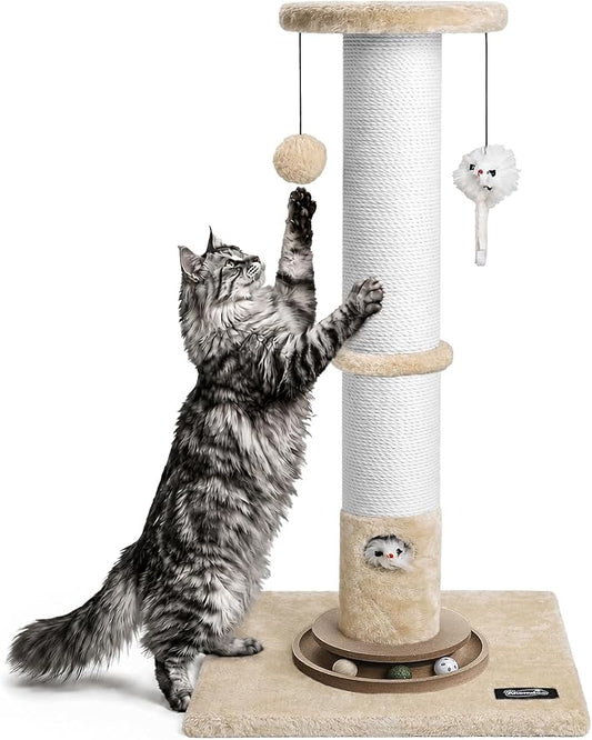 35-Inch Tall Cat Scratching Post, Stable Base for Large Cats, Beige | Heavy-Duty, Soft Natural Cotton Rope Cat Scratcher, Interactive Cat Toys, Wooden Ball Track, for Kittens and Indoor