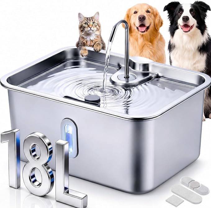 18L/4.76 Gal Extra Large Dog Water Fountain Stainless Steel Quiet Pet Automatic Water Fountain for Large Dogs with Deeper Wider Drinking Bowl and Visible Level Window for Multi-pet Household