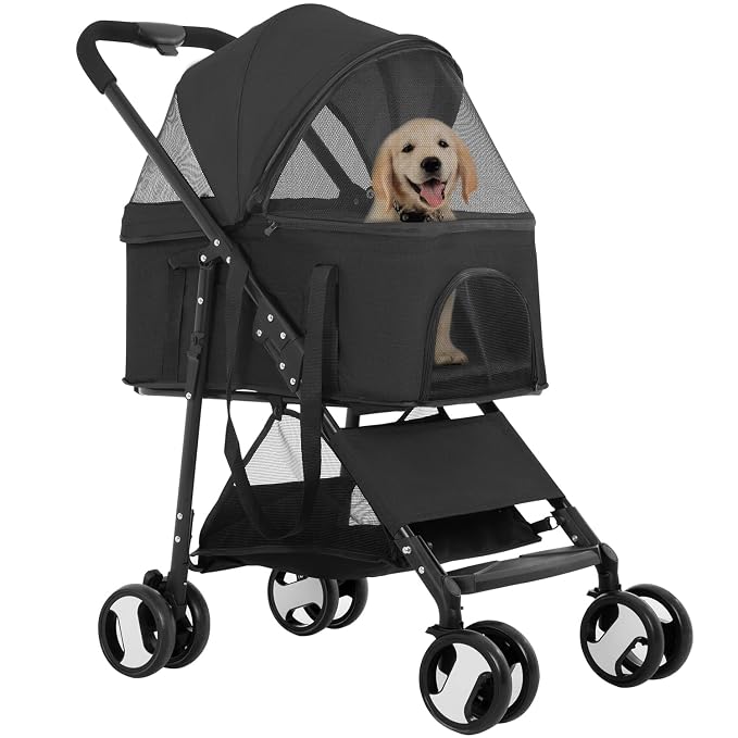 FDW 4-Wheels Multi-Function Dog Stroller Jogger with Detachable Carrier, Lightweight Travel Stroller for Small & Medium Pets, Black