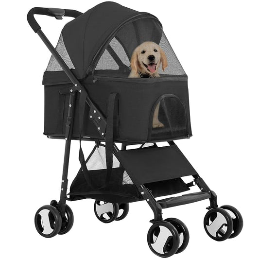 FDW 4-Wheels Multi-Function Dog Stroller Jogger with Detachable Carrier, Lightweight Travel Stroller for Small & Medium Pets, Black
