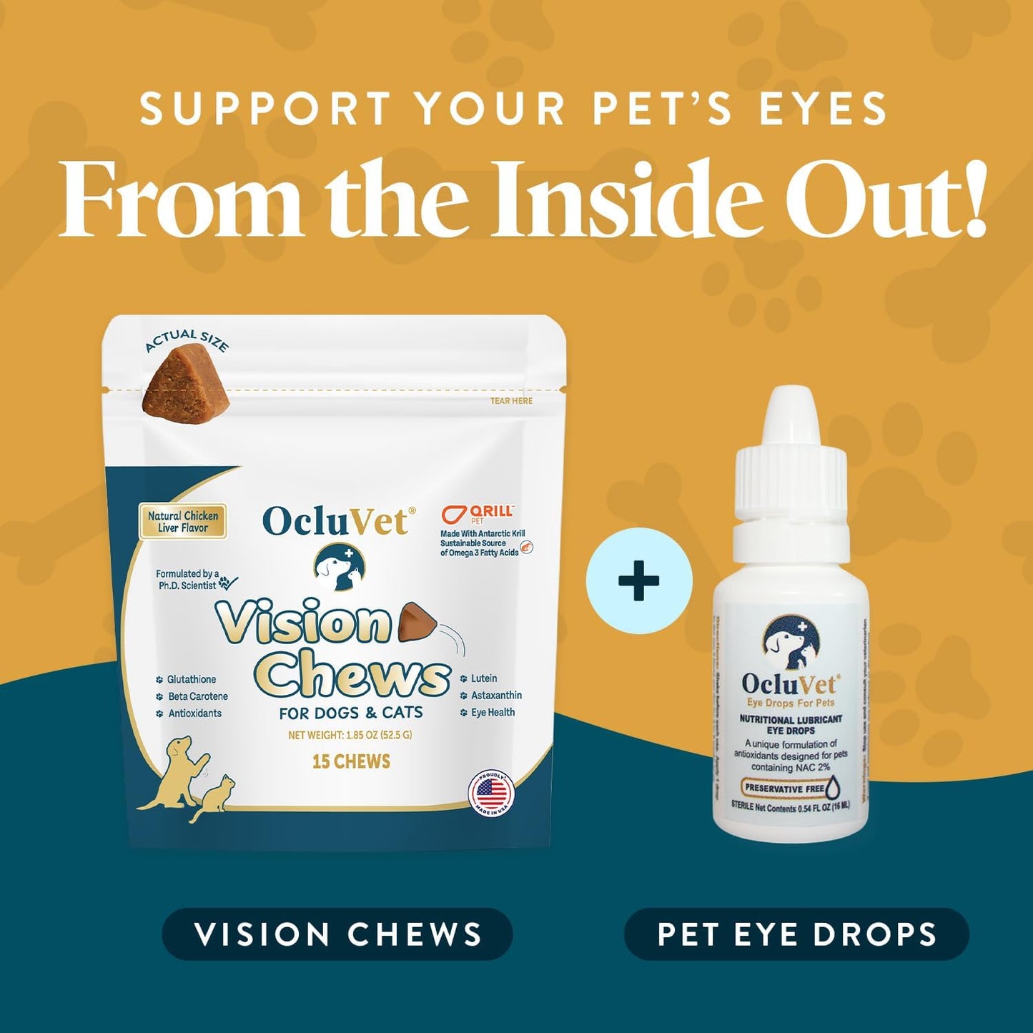 Bundle Eye Supplements for Dogs & Cats | Vision Chews with Omega-3 for All Ages - Includes 15 Chicken Liver Flavored Chews & Pet Eye Drops, 16 mL | Antioxidants & 2% NAC for Cataracts