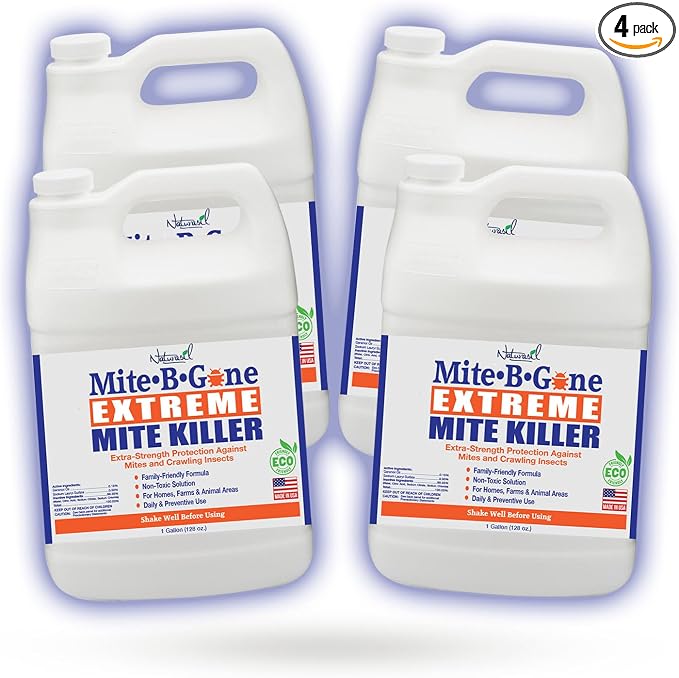 Mite-B-Gone Extreme Mite Killer Spray – 4 Pack (1-Gallon Jugs) | Large-Area Natural Mite Treatment for Farms, Coops, Barns, RVs & Outdoor Gear | Fast-Acting, Non-Toxic, Family-Friendly Formula