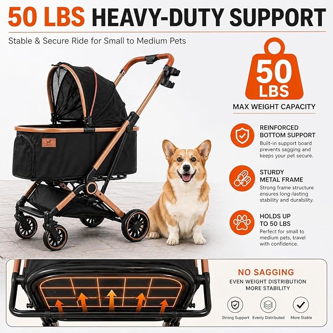 6-in-1 Foldable Dog Stroller for Small to Medium Dogs & Cats | Frame Supports up to 50 lbs, Luxury Black & Gold Pet Stroller with Detachable Carrier, Foldable Travel Stroller, 360° Wheels