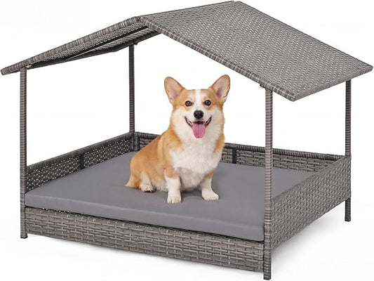 Tangkula Wicker Dog House, Indoor & Outdoor Raised Rattan Bed w/Removable Cushion, Washable Cover, Sloping Roof, Rattan Weather Resistant Puppy Shelter w/Elevated Floor for Small Medium Dogs