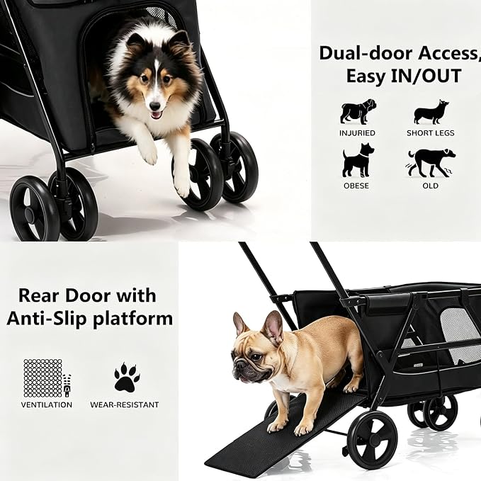 Dog Stroller for Large & Medium Dogs, Foldable Pet Stroller for 2 Small Dogs Up to 66lbs, with All-Terrain Wheels, Breathable Mesh Ventilation & Storage Pocket (Black)