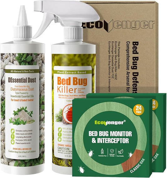 EcoVenger Bed Bug Defense-in-A-Box, Bed Bug Killer 16oz+ DEssential Dust+ Monitor Trap, Comprehensive Bed Bug Eradication Total Protection/Elimination/Residual on All Bug Life Stages, Child&Pet Safe