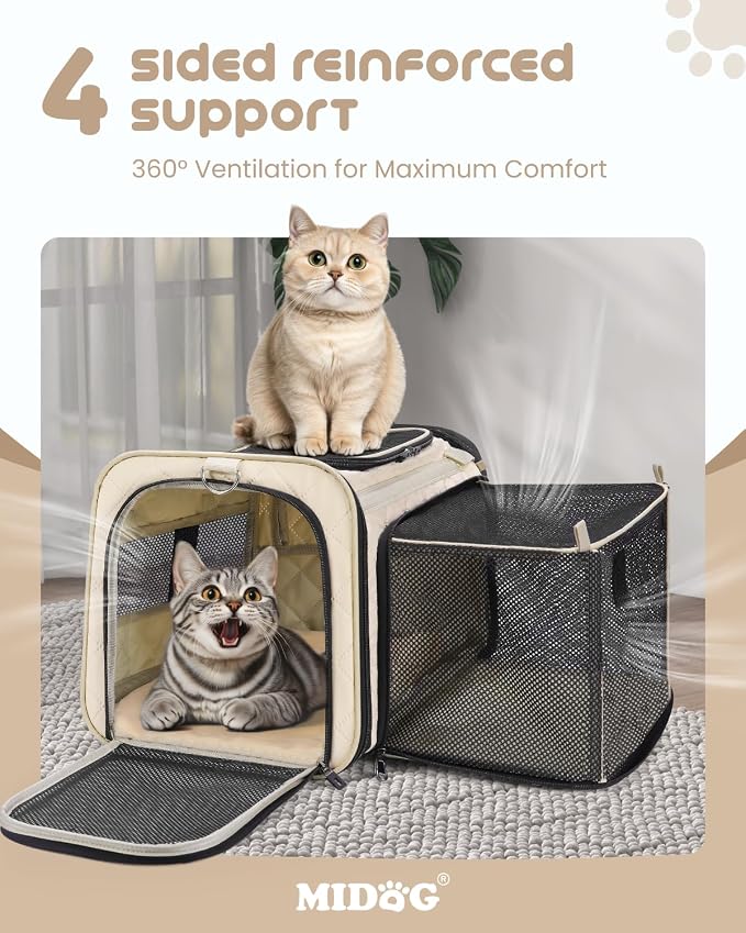 MIDOG Cat Carrier Soft for Small-Medium Cats Up to 15lbs, Airline Approved | Expandable Square Design,Comfort & Breathable Window,Equipped with anti-slip lock zippers and an internal safety leash