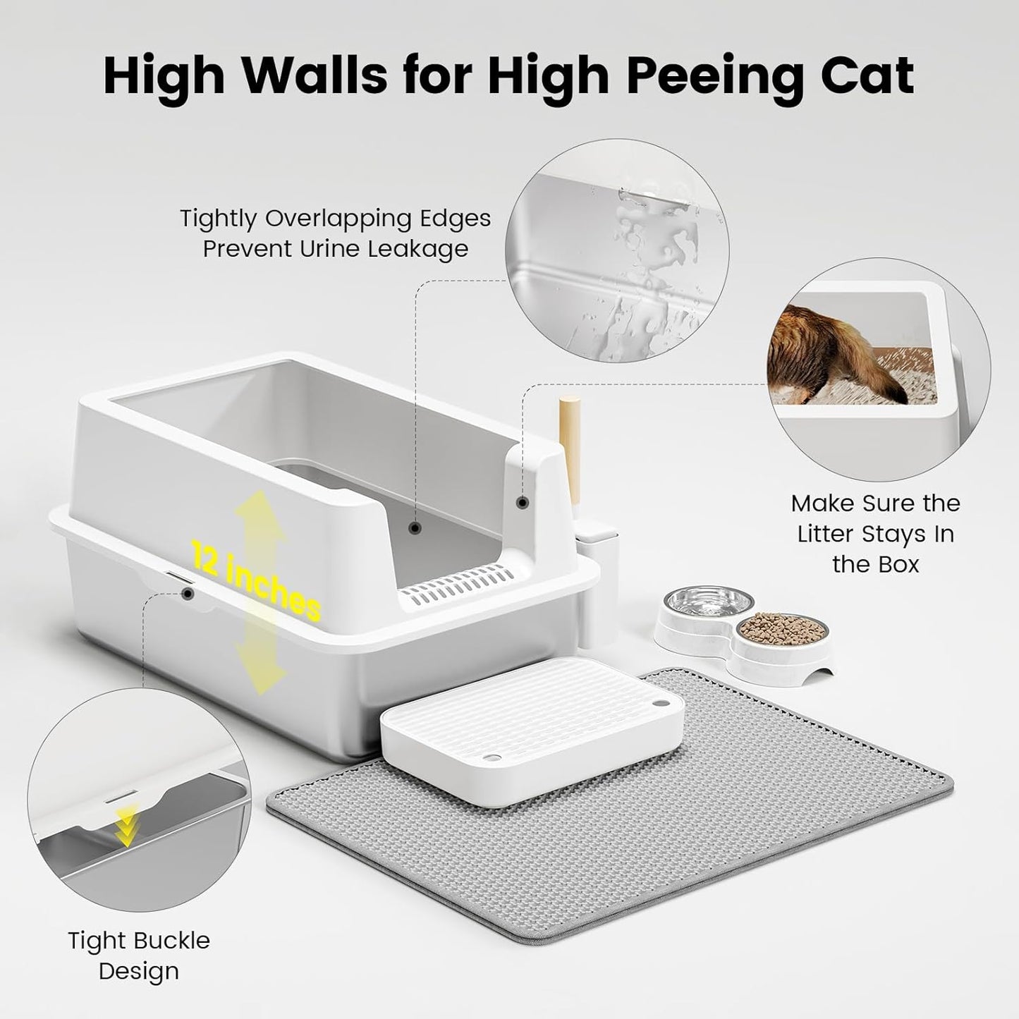 Stainless Steel Cat Litter Box - Enclosed XL Metal Kitty Litter Box with Lid for Big Cats, High Sided, Anti-Leakage, Easy Cleaning, Non-Sticky, Included Litter Mat, Cat Bowl & Spoon