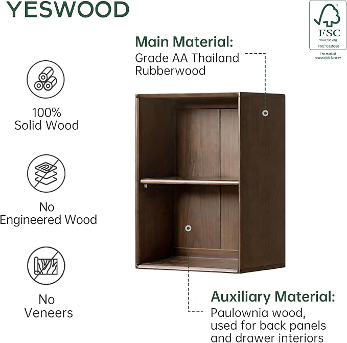 YESWOOD Modular Bookcase Storage Cubes, 100% Solid Rubberwood TV Stand Free Combination, Small Walnut Color Buffet Cabinet for Living Room Bedroom Study