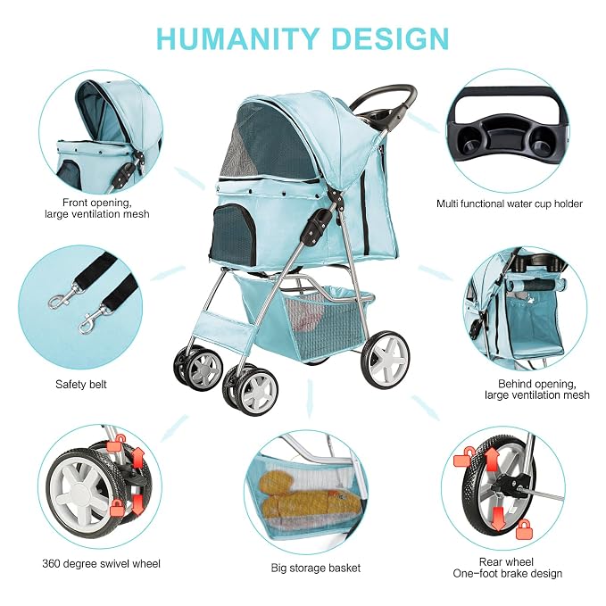 Pet Stroller for Small Dogs and CatsQuick-Folding Portable Travel Cat Dog Stroller with Storage Basket and Cup Holder, 4 Wheels, Light Blue