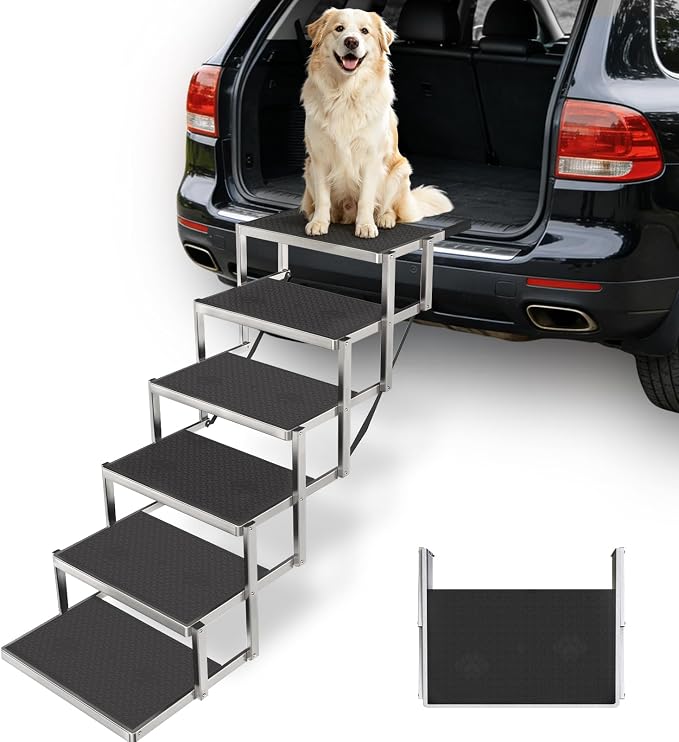 Dog Steps for Car & SUV – 6-Step Foldable Pet Stairs for Large Dogs, Non-Slip Heavy-Duty Plastic Dog Stairs, Lightweight & Portable Vehicle Access, Great Alternative to Dog Ramp for Truck