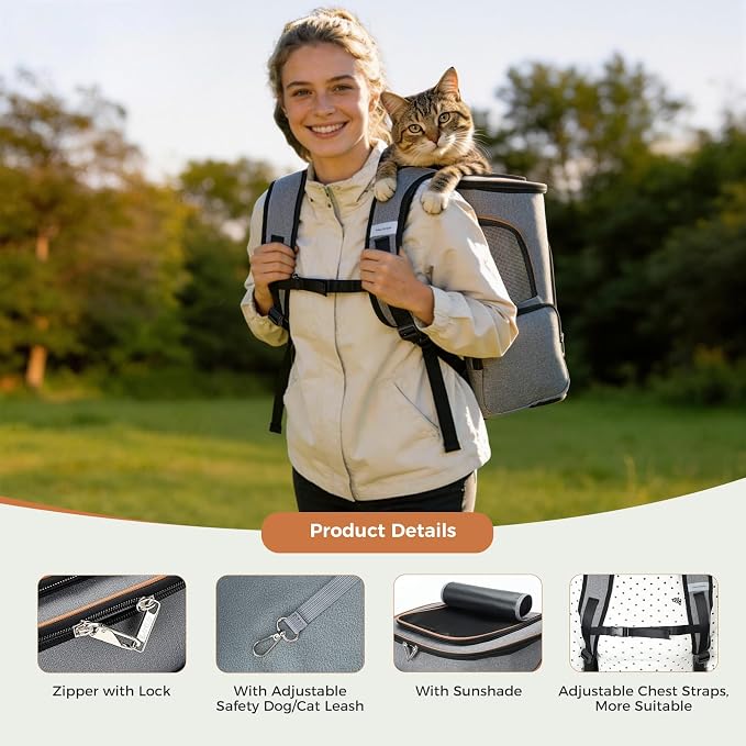 Lekereise Pet Carrier Backpack Expandable Cat Backpack for Medium Dogs and Large Cats 20-25 Lbs,14“L * 12.5" W * 16.14" H, Grey