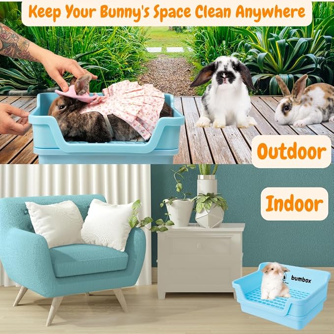 HoppScotch.bun Bumbox Large Rabbit Litter Box, 15.75" Training Cage with Plastic Grid for Small Animals, Indoor/Outdoor, Blue