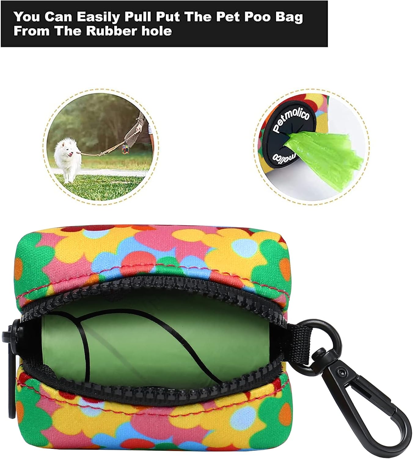 Petmolico Dog Poop Bag Holder Leash Attachment, Pet Waste Bag Dispenser Zippered Pouch, Fits Any Leash, Includes Free Roll of Dog Bags, Poop Bag Dispenser - 2 Pack, Colorful Flowers