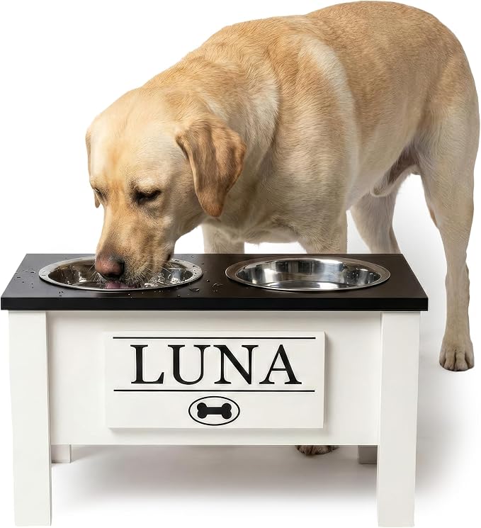 Elevated Dog Bowls for Large Dogs, Personalized Food Stand for Large Breed | Farmhouse Style, Elevated Wood Stand, Storage Container, Stainless Steel Bowls, Raised Anti-Slip Feeder, Made in USA