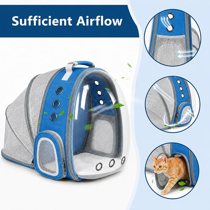 Expandable Cat Carrier Backpack for Cats & Dogs, Bubble Window Pet Travel Backpack with Breathable Mesh, Anti-Collapse Structure, Side Door, Safety Leash, for Vet Visits, Hiking, Outdoor, Blue