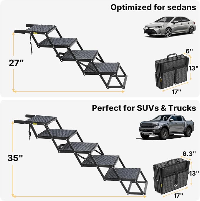 Veehoo Foldable Dog Steps for Car Truck SUV, Collapsible Large Dogs Stairs | 4 Steps Folding Dog Ramp for Cars Portable Pet Ramps Ladder Heavy Duty Non Slip for Trucks Vehicle 17" Wide, Up to 200lbs