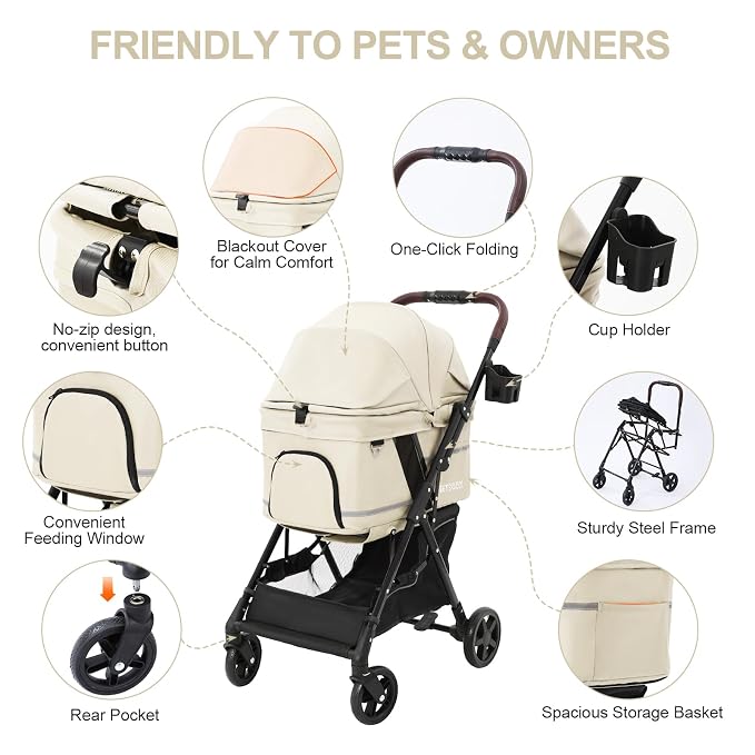 No-Zip Pet Stroller for Small Dogs & Cats, 44 lb, White | No-Zip Canopy, 44 lb Capacity, Reflective Trim, 2 Tethers, Lockable Front Wheels, Rear Brake and One-Hand Fold
