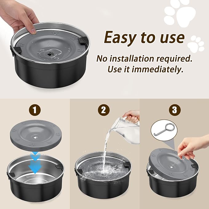 Dog Water Bowl No Spill, 1.5L/50oz Stainless Steel Slow Water Bowl for Dogs, Spill Proof Dog Bowl with Anti-Splash & Non-Slip, Slow Drinking Water Bowl Dispenser for Messy Drinkers (Black)